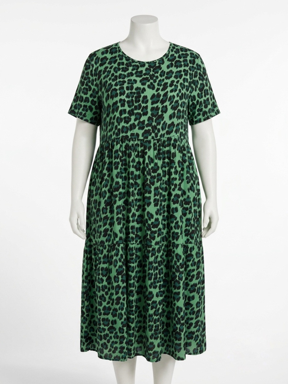 New Collection Green Leopard Print Tiered Midi Dress Flowy Summer Dress XL